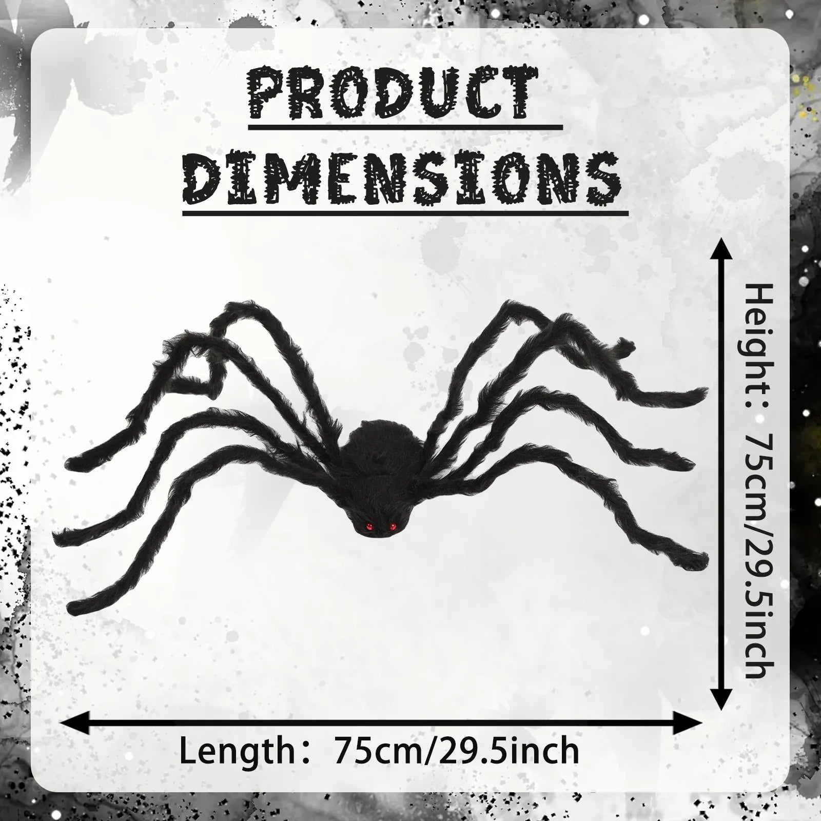 Dimension chart for the 75cm black spider decorations four-pack, showing the listed product measurements and scale.