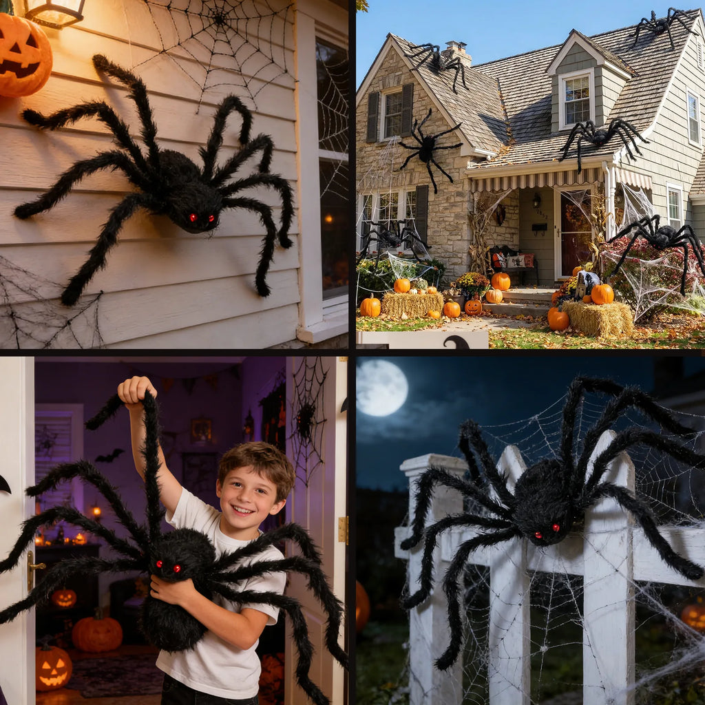The 75cm black spider decorations four-pack shown across several styled Halloween and event display scenes.
