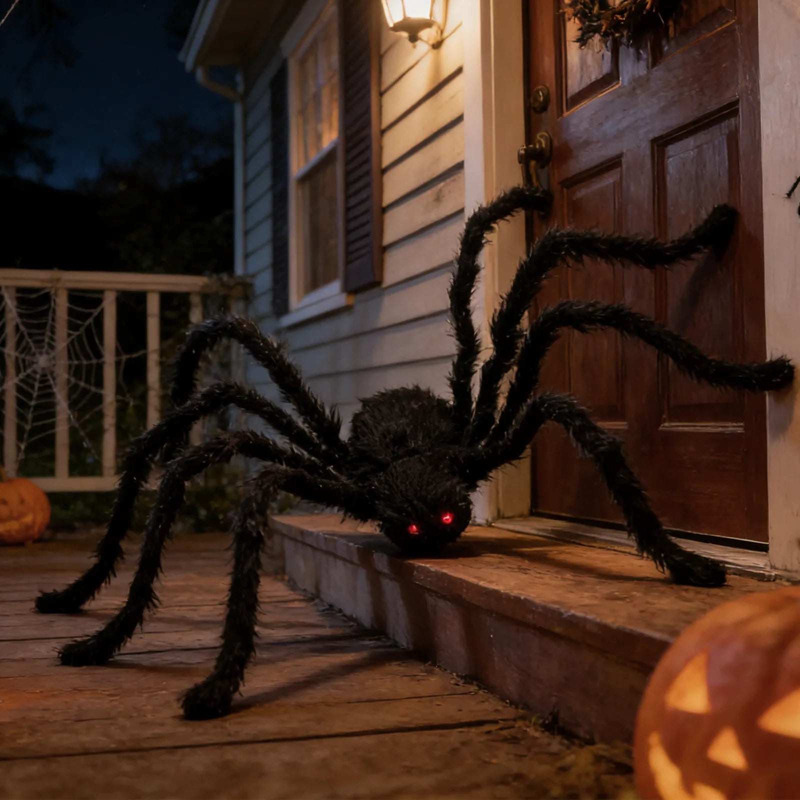 The 75cm black spider decorations four-pack displayed in a styled Halloween scene for visual context.