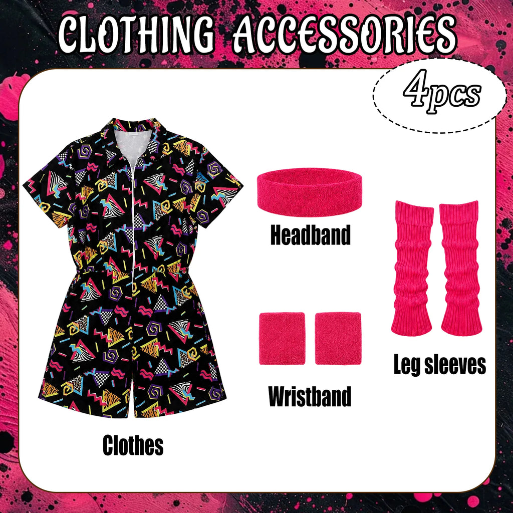 Accessories graphic shows one printed romper a pink headband two wristbands and two leg warmers.