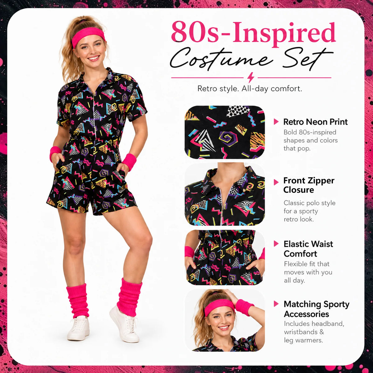 Feature panels show geometric print front zipper elastic waist and matching pink headband wristbands and leg warmers.
