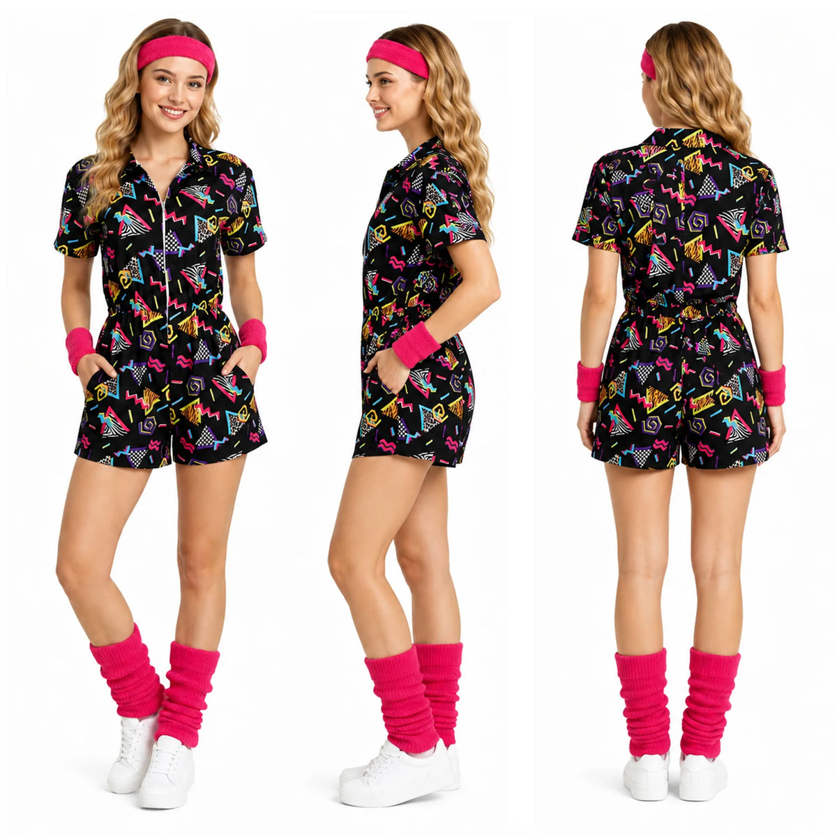 Front side and back views of the printed short romper with pink costume accessories.