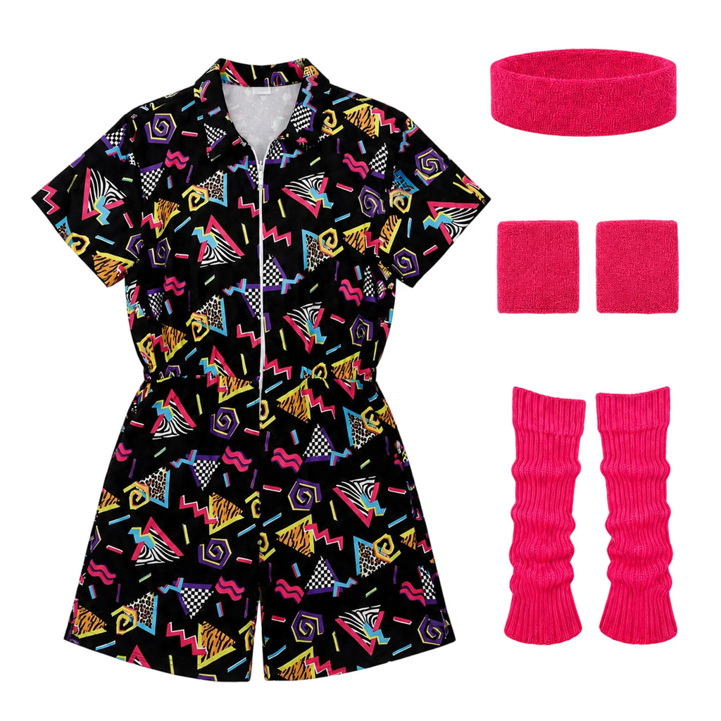 Separate geometric print romper with pink headband two wristbands and two ribbed leg warmers.