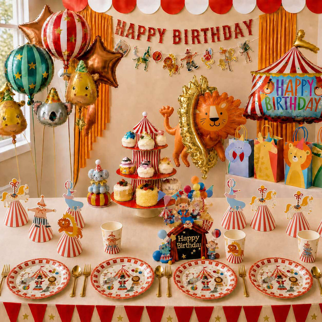 circus themed kids birthday party table setup with decorations balloons and tableware