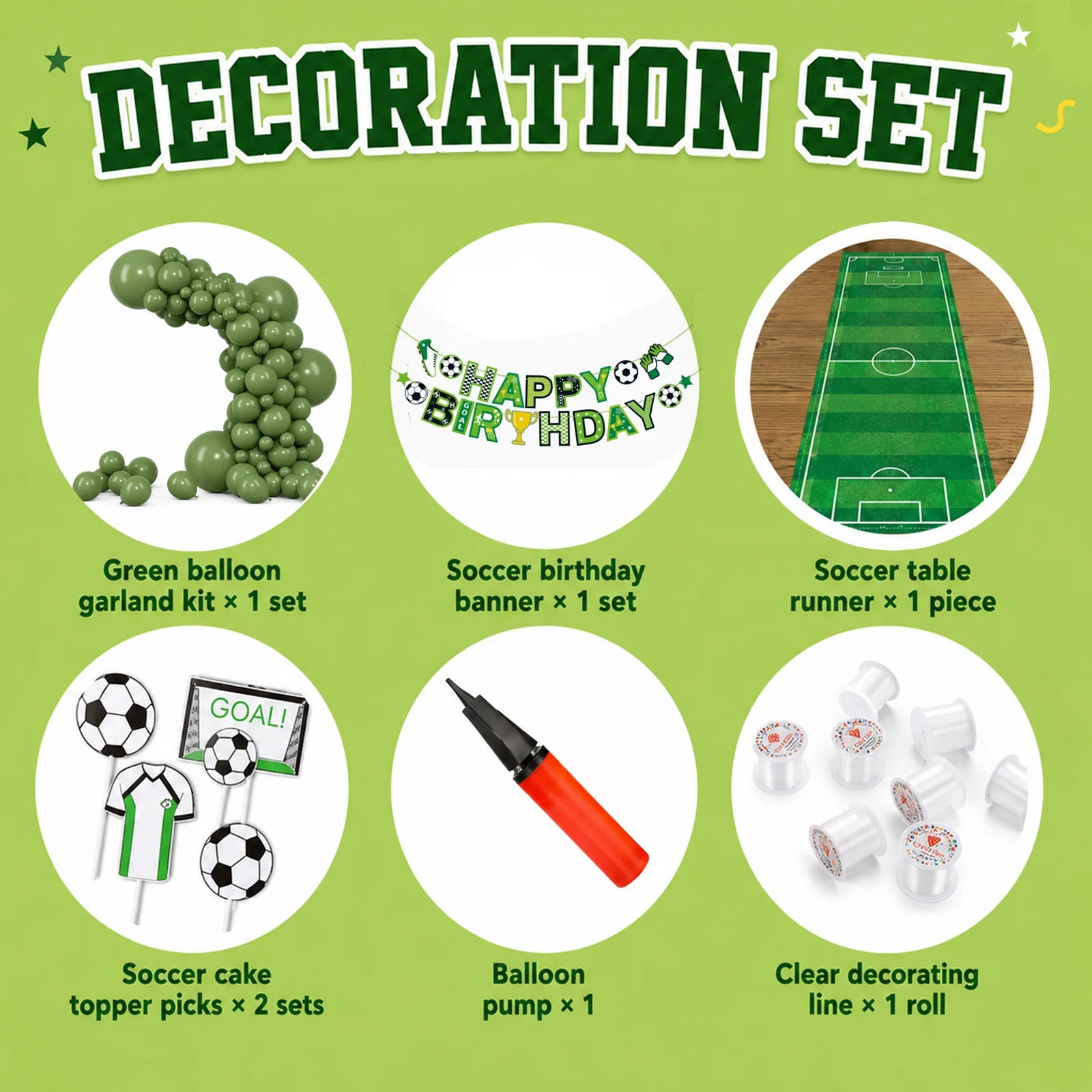 Soccer birthday decoration set with a green balloon garland kit, birthday banner, soccer table runner, cake topper picks, balloon pump, and clear decorating line.