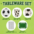 Soccer themed tableware set with 10 paper plates, 10 paper cups, 20 napkins, 10 black and white striped paper straws, and 12 grass print paper trays.