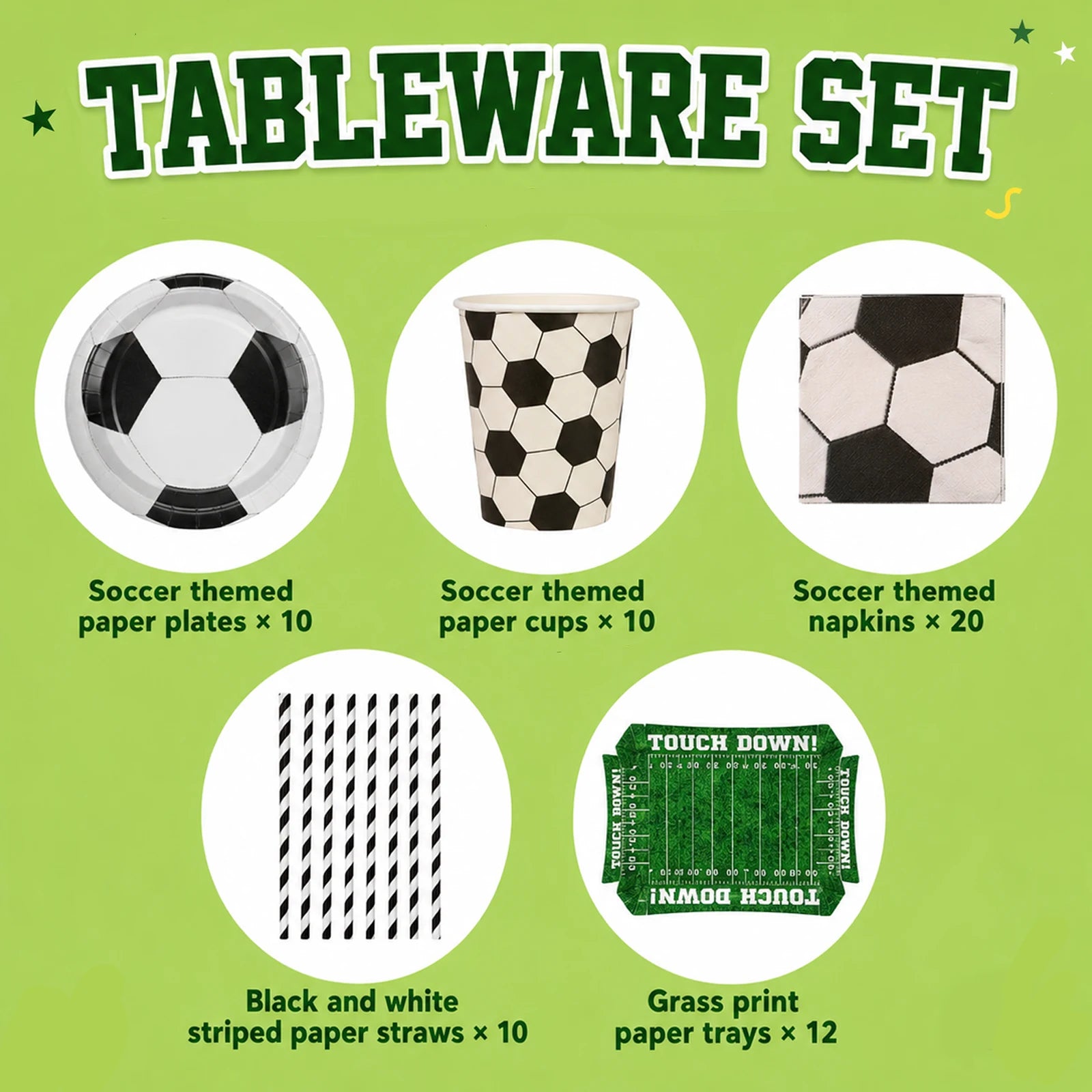 Soccer themed tableware set with 10 paper plates, 10 paper cups, 20 napkins, 10 black and white striped paper straws, and 12 grass print paper trays.