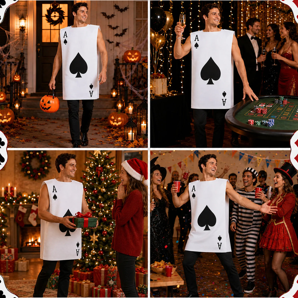 Ace of spades costume styled for Halloween, casino, Christmas and carnival events.