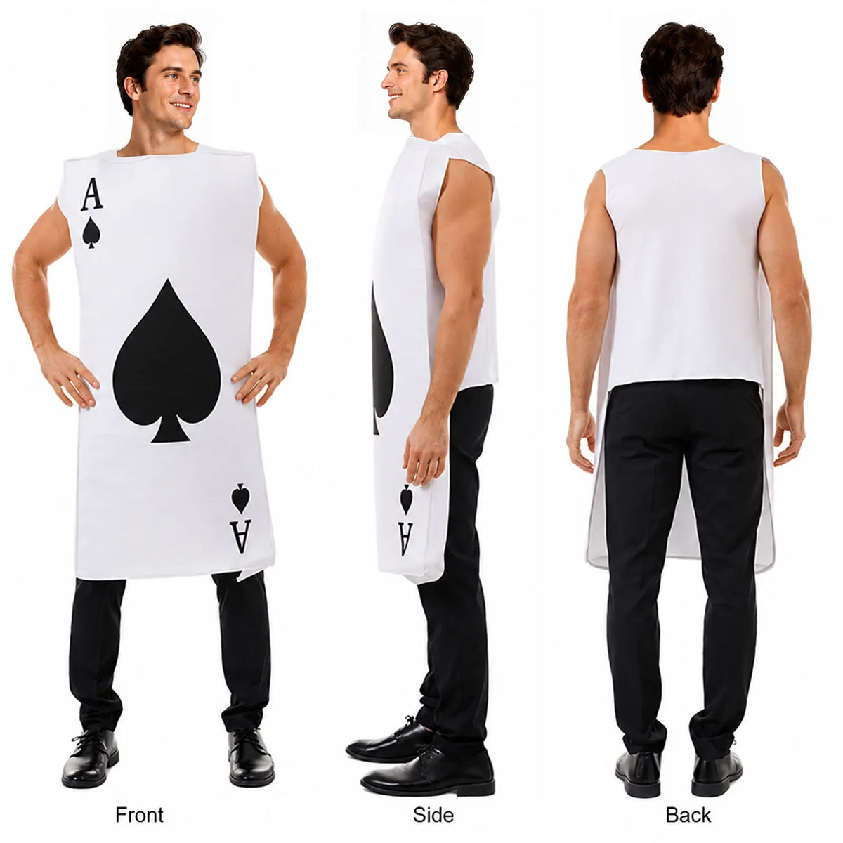Ace of spades costume shown from front, side and back views.