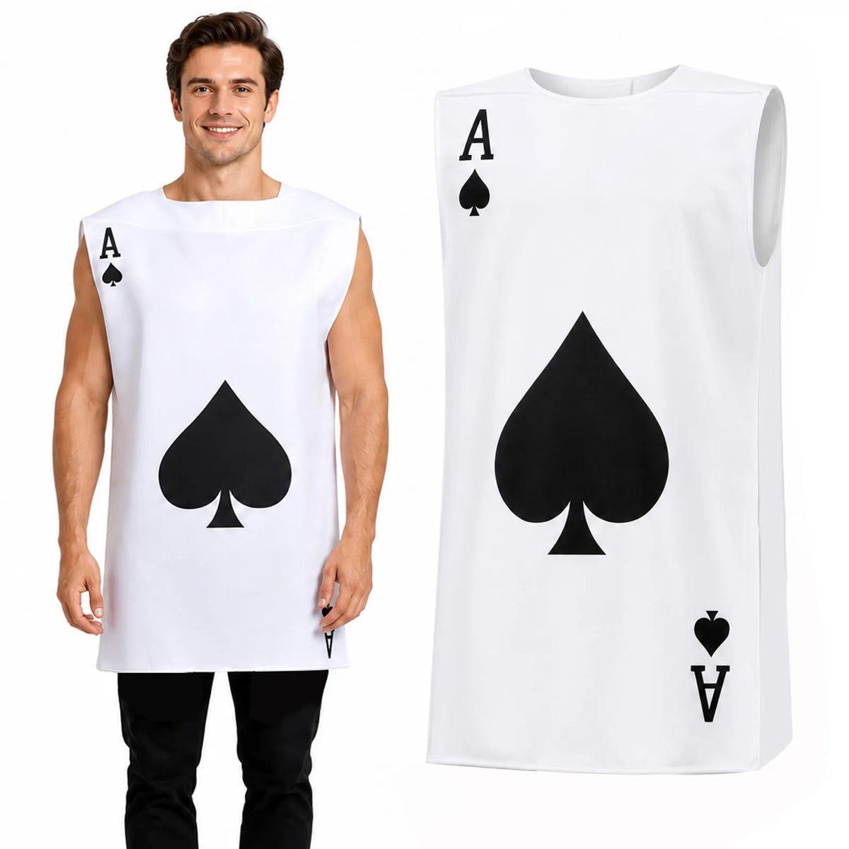 Ace of spades costume on a model with the playing-card tunic shown beside it.