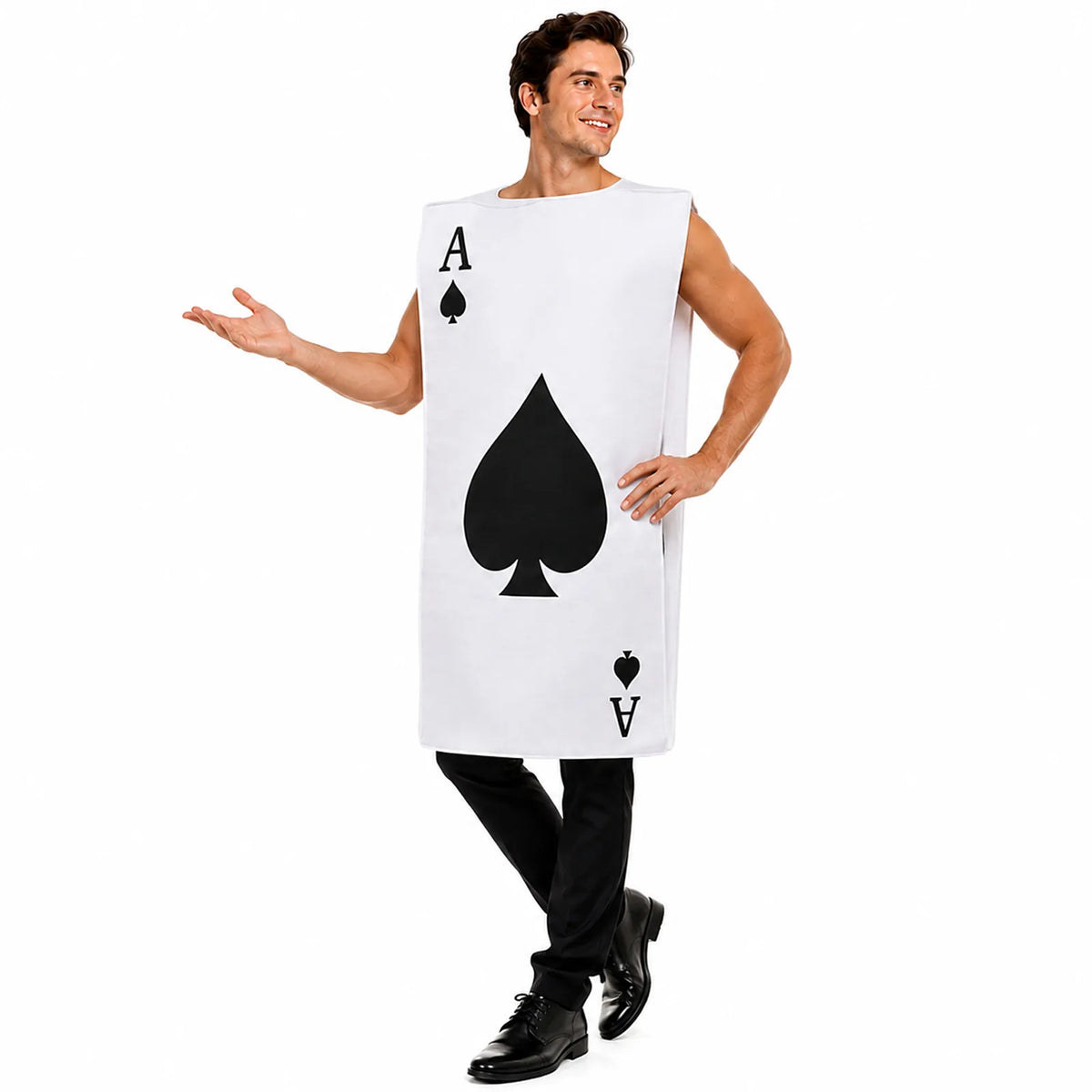 Full-length front view of the black-and-white ace of spades costume.