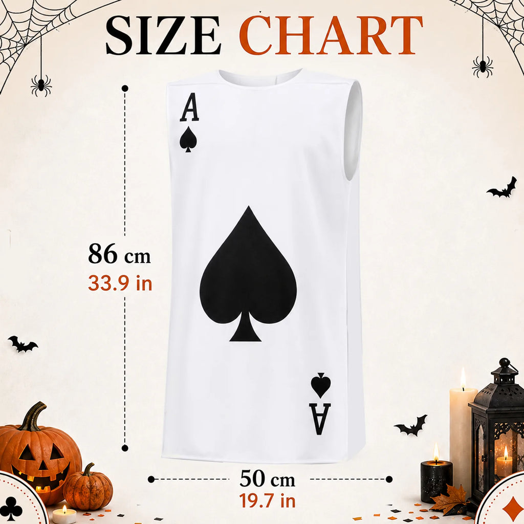 Ace of spades costume measurement chart with length and width in inches and centimeters.
