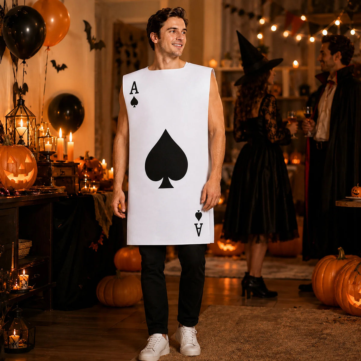 Ace of spades Halloween costume styled in a card-themed scene.