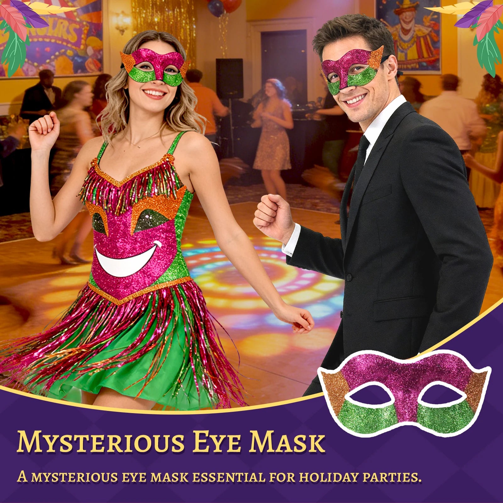 A clear product view presents a adjustable Mardi Gras eye mask for holiday parties, with the purple, green and gold glitter panels with pointed side accents clearly visible.