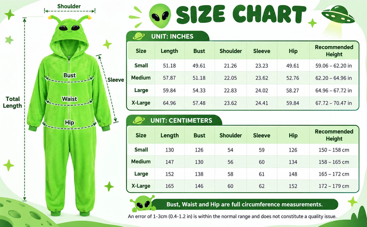 The adult alien jumpsuit size chart lists S through XL garment measurements and suggested height ranges in inches and centimeters.
