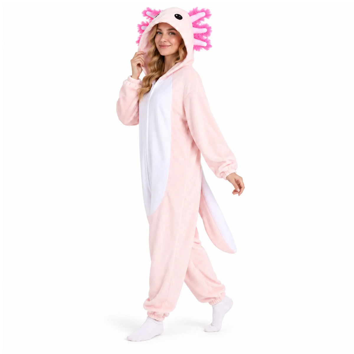 Front product view of the adult pink axolotl costume onesie with hood and tail