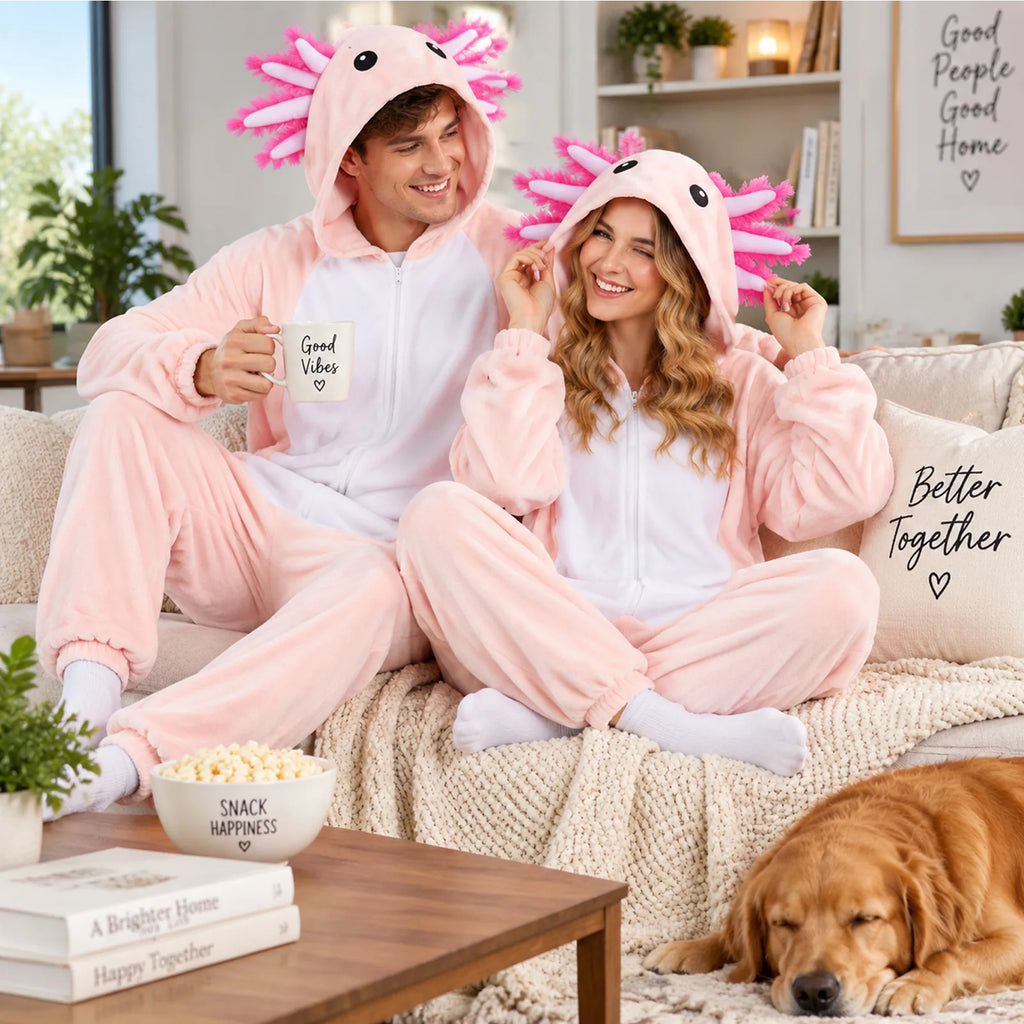 Front, side and back views of the adult pink axolotl costume onesie
