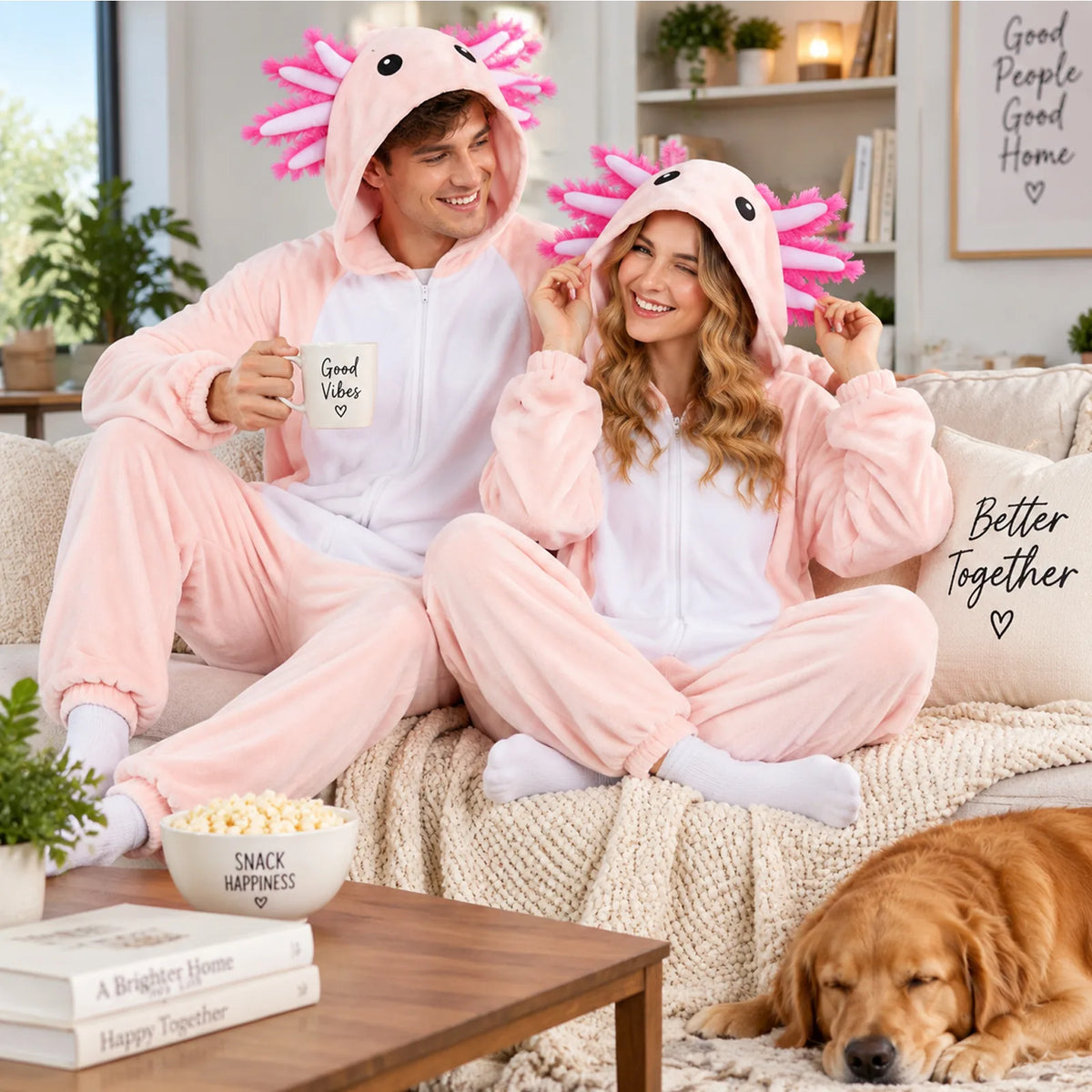 Front, side and back views of the adult pink axolotl costume onesie