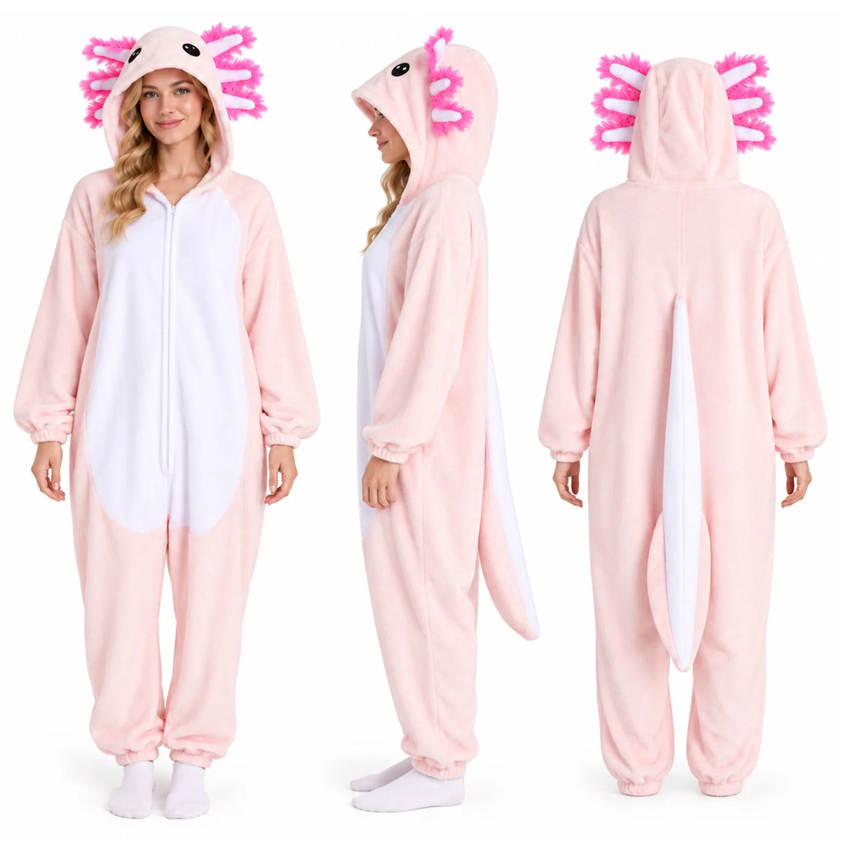 Pink-and-white hooded axolotl costume jumpsuit shown flat from the front