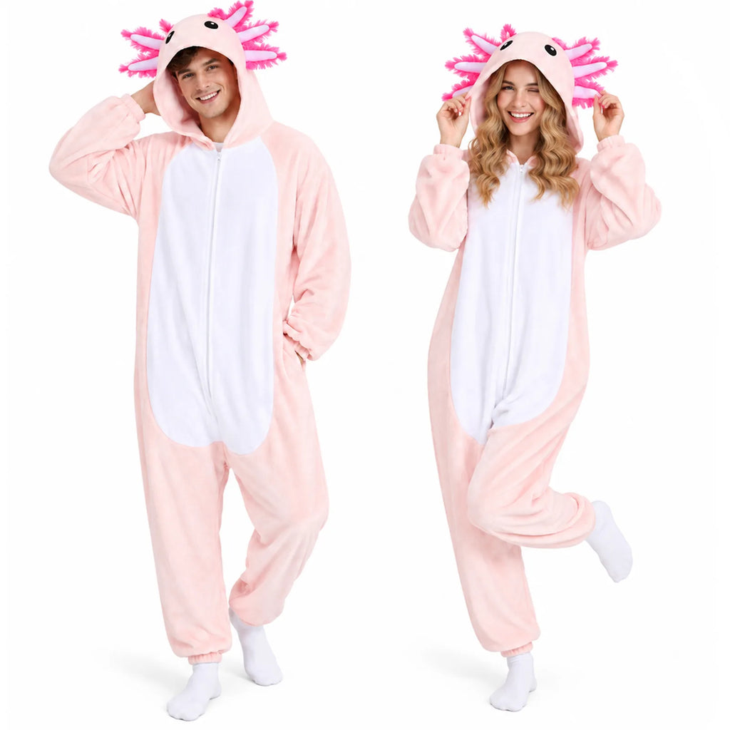 Two adults model matching pink-and-white axolotl costume onesies together