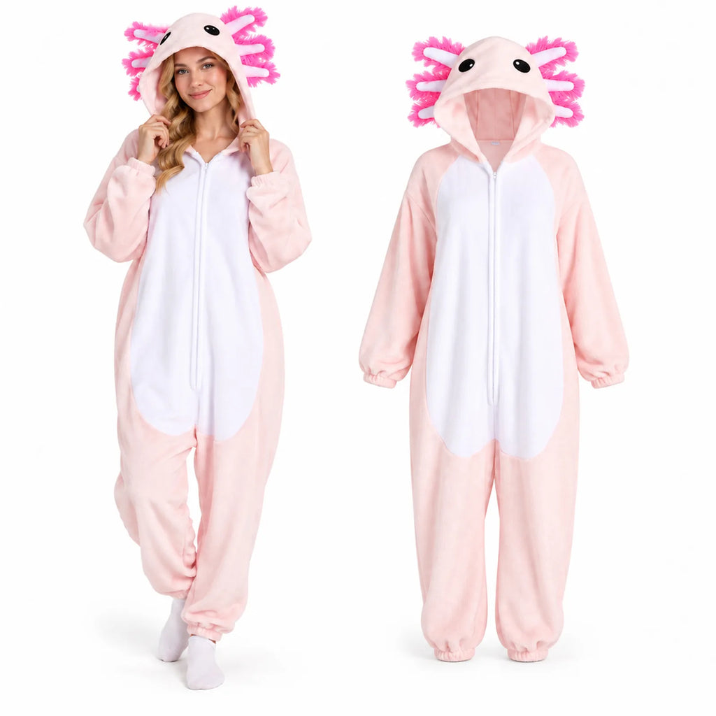 Adult pink axolotl costume onesie shown in several playful standing poses
