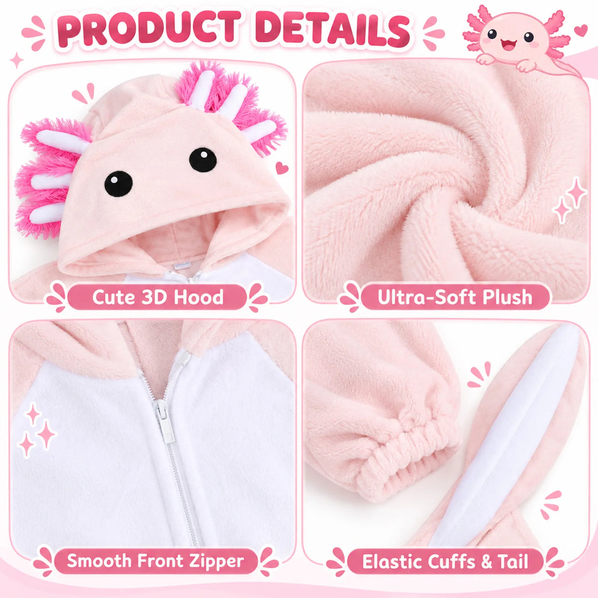 Adult pink axolotl costume onesie styled in a relaxed indoor scene