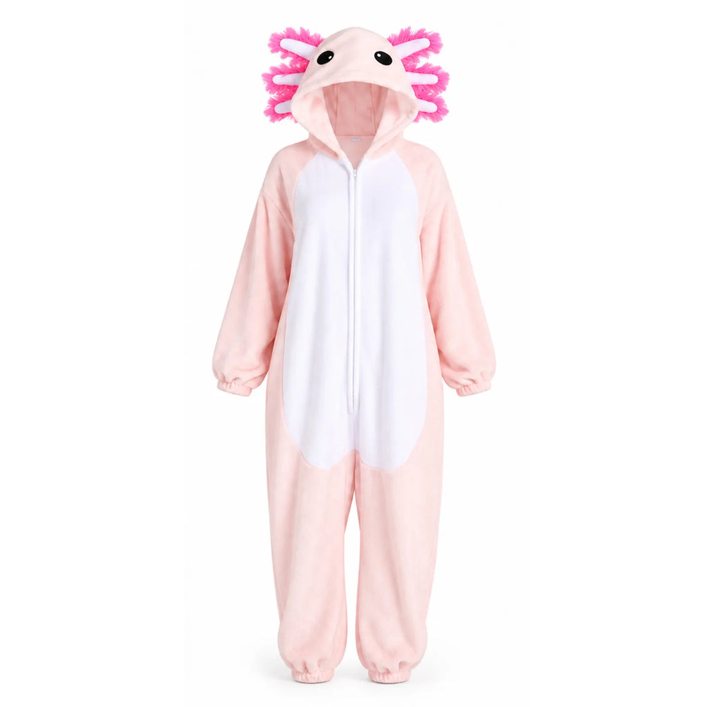 Side walking view of the adult pink axolotl costume onesie and rear tail