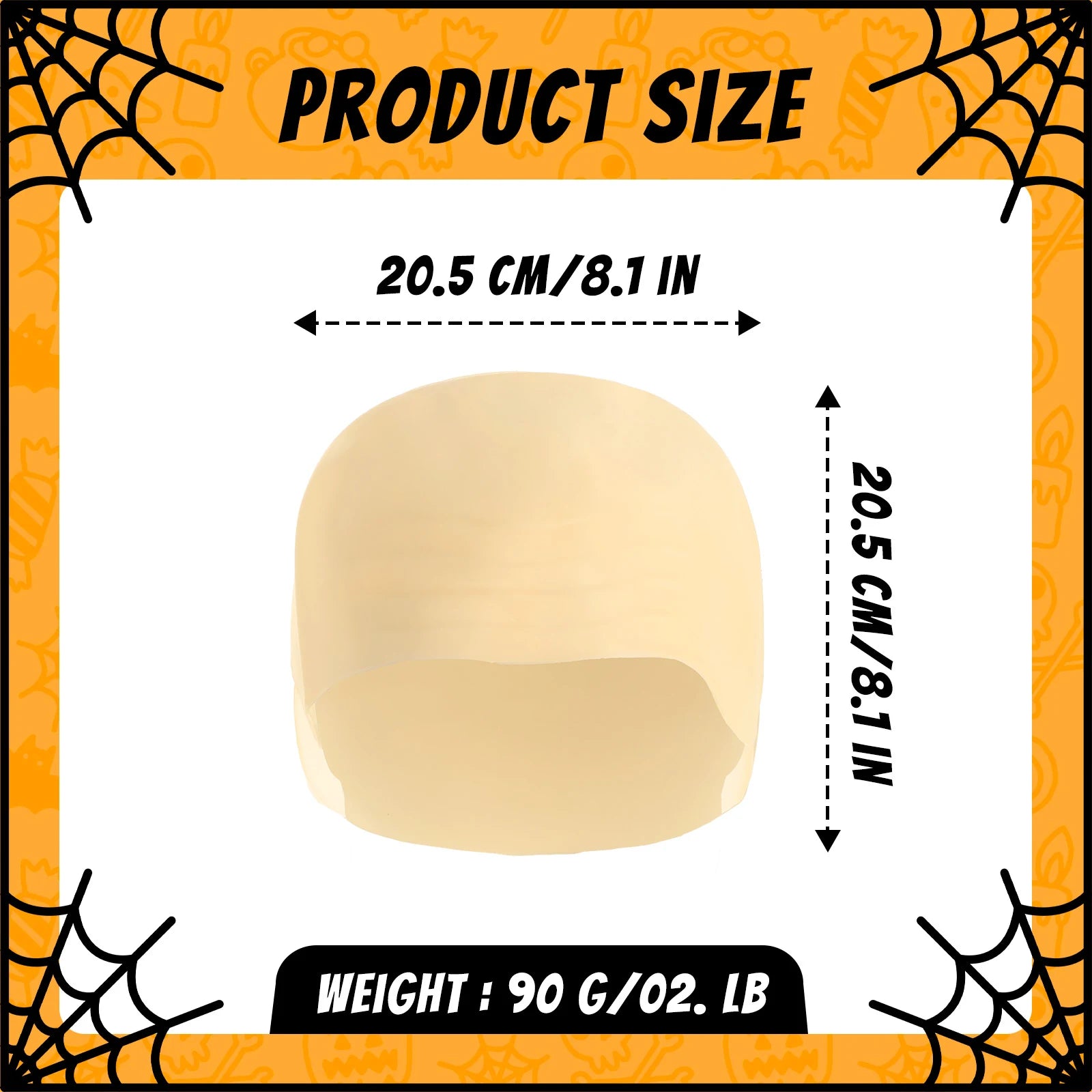 A measurement chart presents adult bald cap dimensions showing height width and weight, including the visible size information for the adult bald cap.