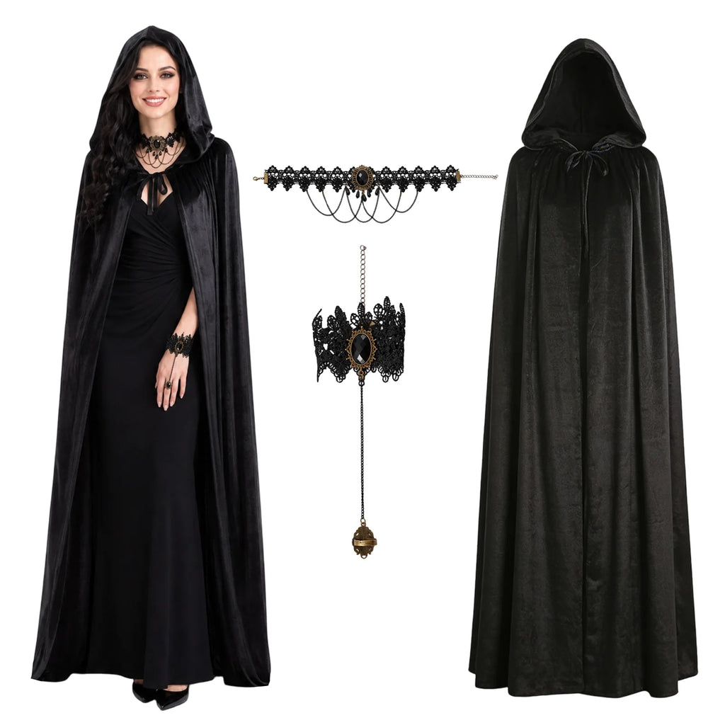 Adult black hooded cloak costume three-piece set displayed as a complete three-piece Halloween costume set