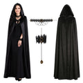 Adult black hooded cloak costume three-piece set displayed as a complete three-piece Halloween costume set