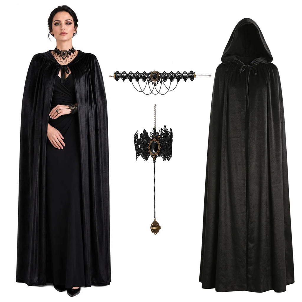 Full-length black hooded cloak with necklace and bracelet arranged together against a plain studio background