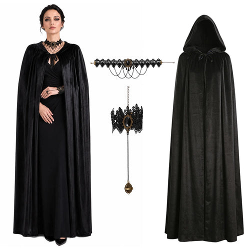 Full-length black hooded cloak with necklace and bracelet arranged together against a plain studio background