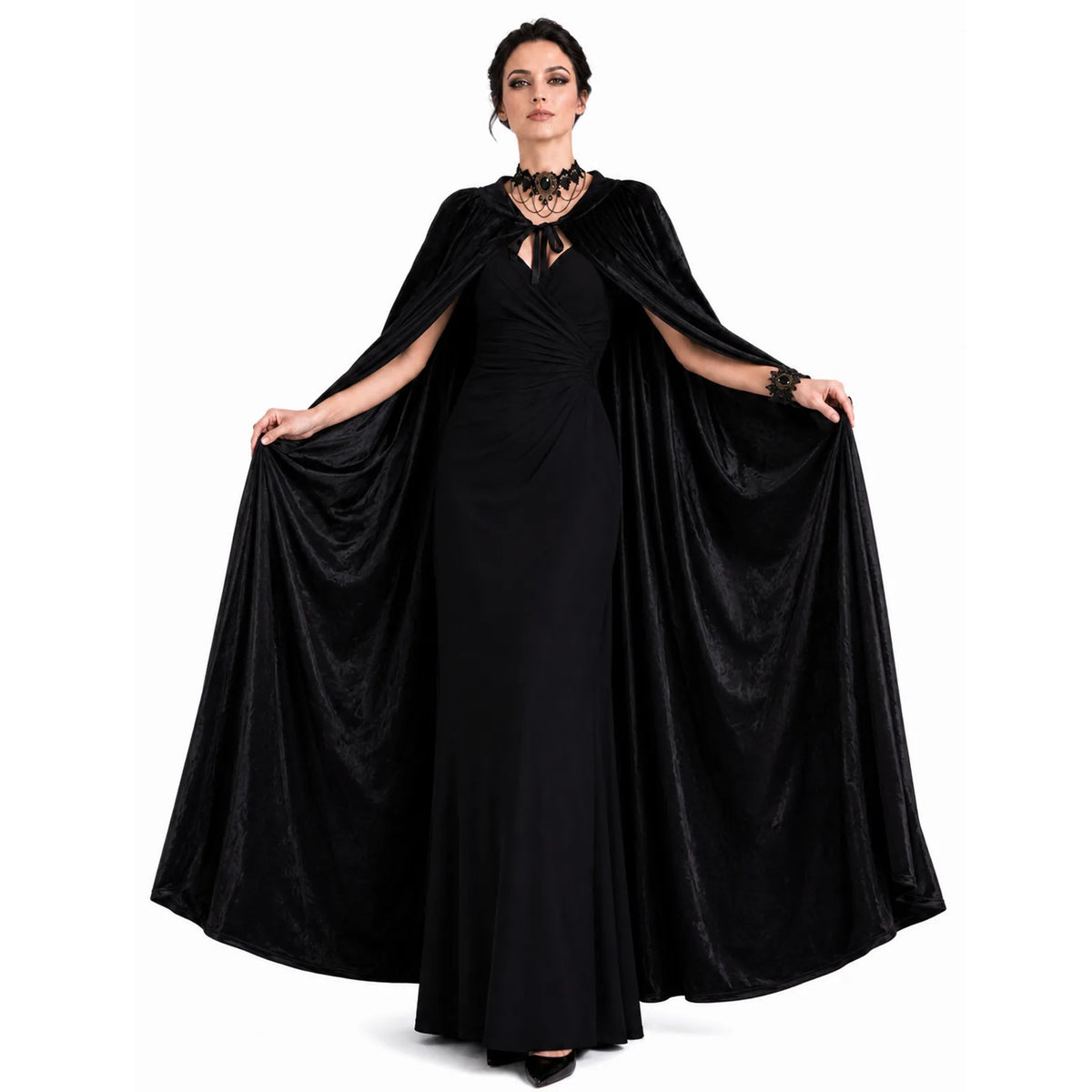 Front view of adult black hooded cloak costume for a clear view of the full hooded silhouette