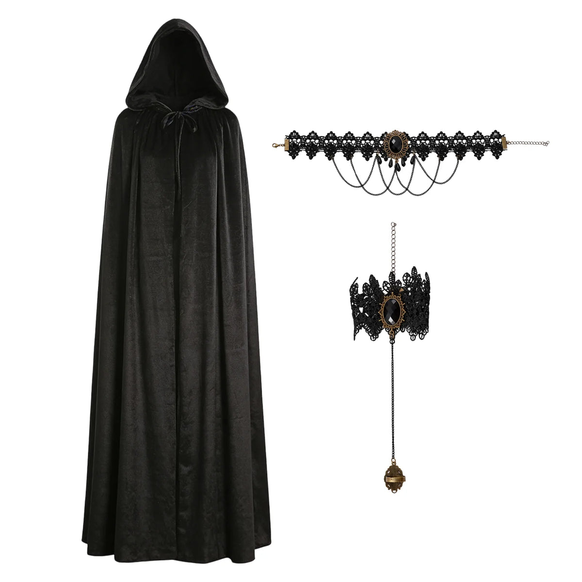 Side view of flowing black hooded cape costume photographed from the side to show the cloak drape