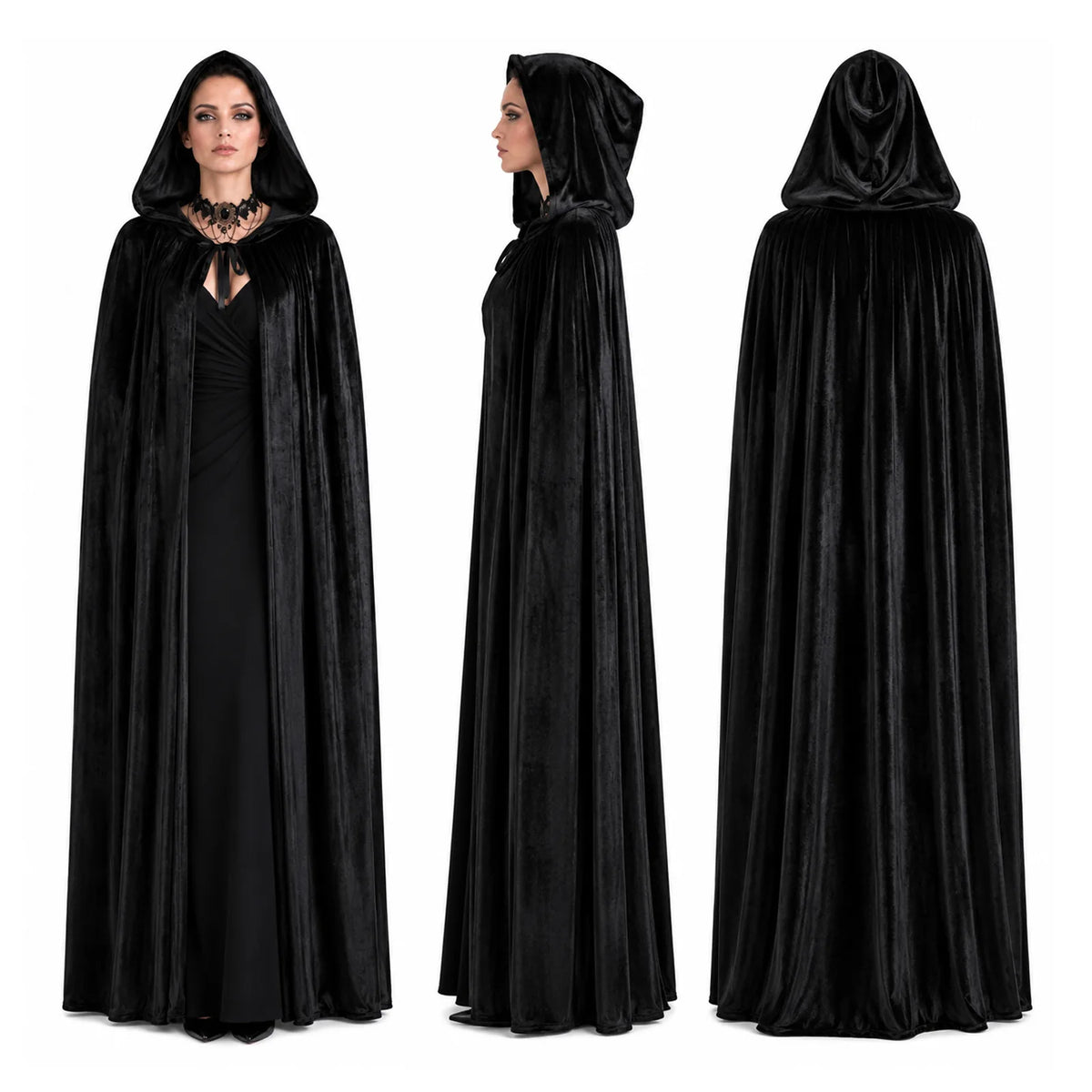 Back view of full-length black hooded cloak photographed from behind with the hood and hem visible