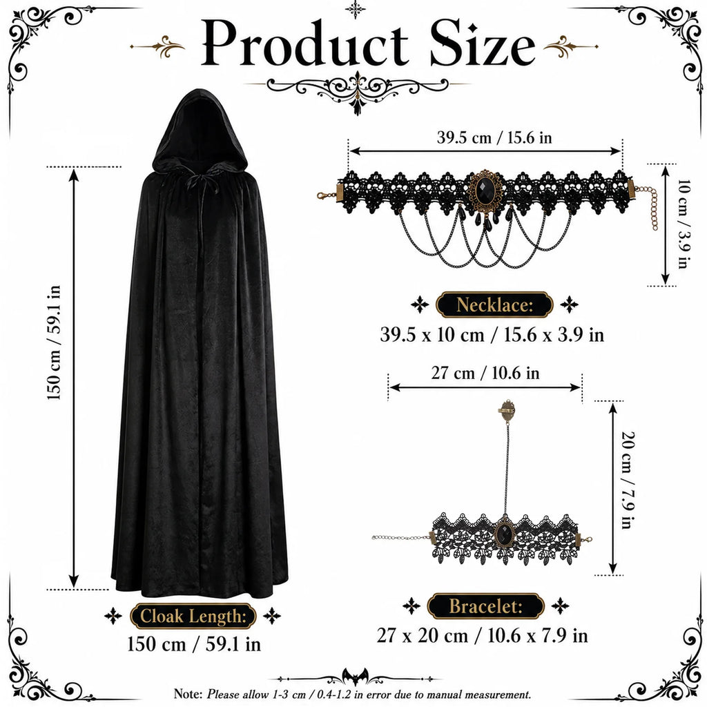 Cloak, necklace and lace bracelet measurements shown on the supplied accessory measurement reference