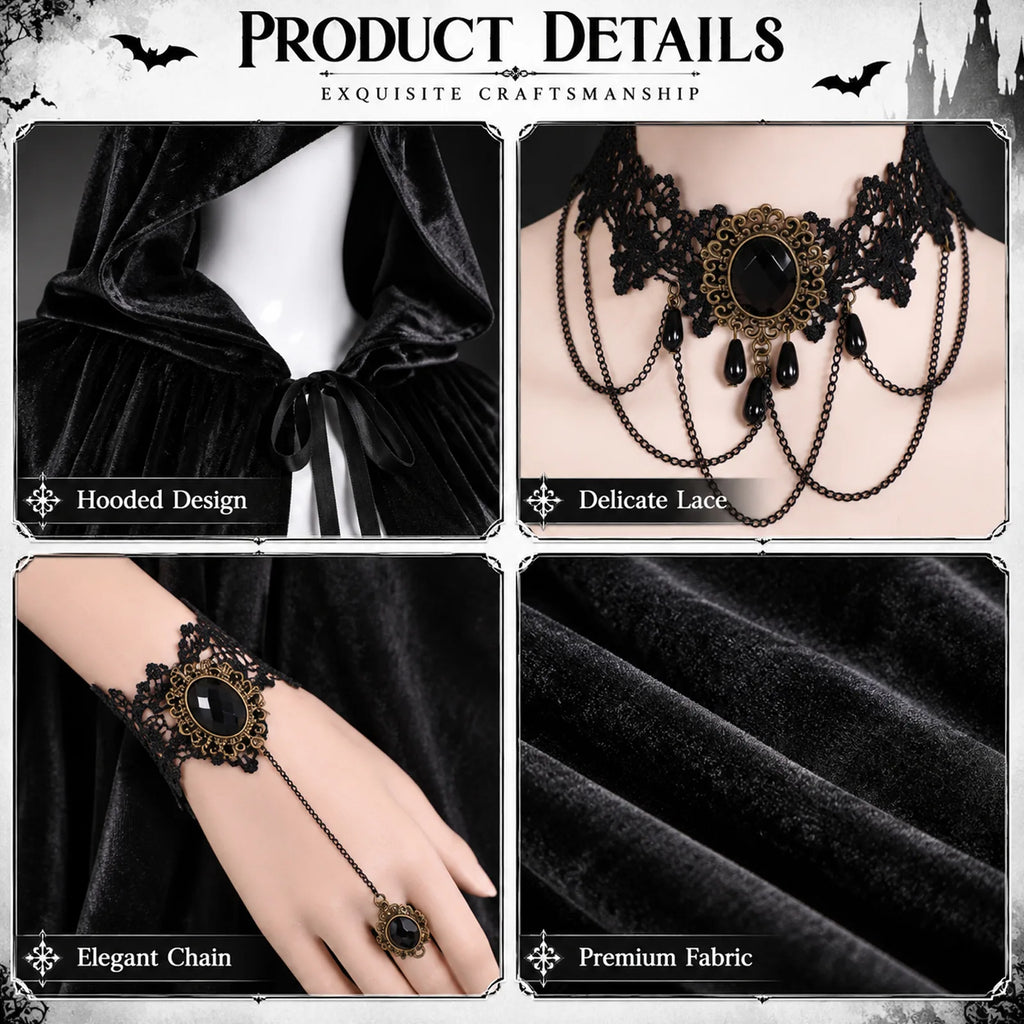 Close-up of black cloak and gothic accessories showing the hood opening and front fastening details