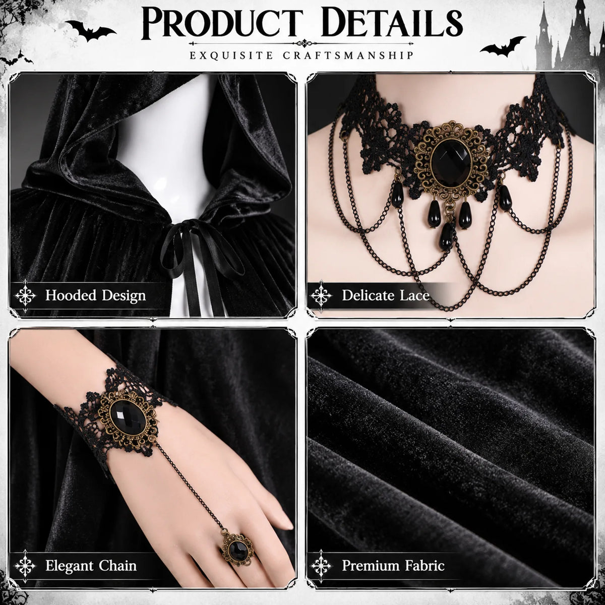 Close-up of black cloak and gothic accessories showing the hood opening and front fastening details