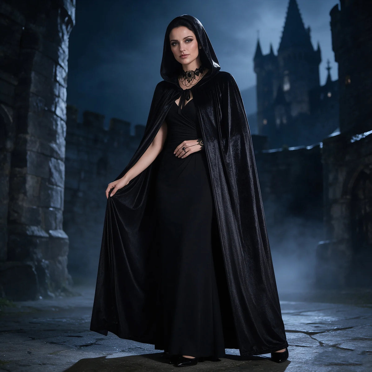 Black hooded cloak styled for a gothic event styled for a dark fantasy Halloween costume scene