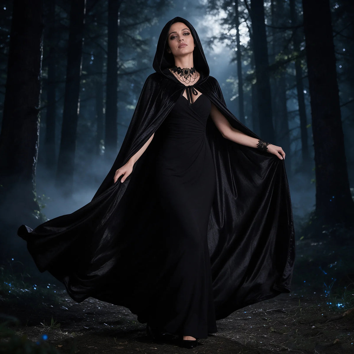 Adult hooded cloak costume in a Halloween setting with necklace and bracelet accessories clearly visible