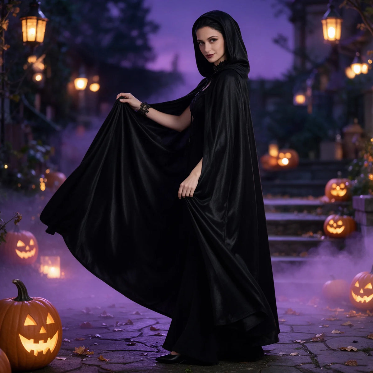 Black hooded cloak cosplay look with accessories with multiple Halloween styling examples shown together
