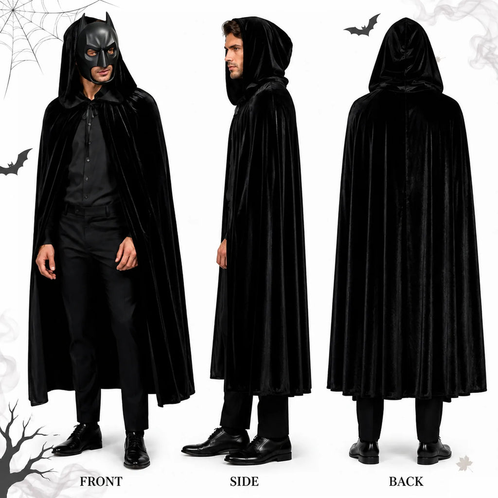 Adult black hooded vampire cape and bat mask shown from the front, side and back.