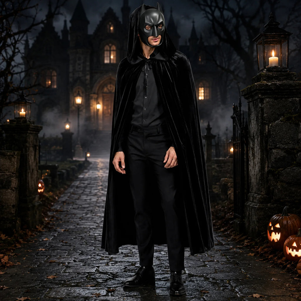 Adult black hooded vampire cape styled for a candlelit gothic Halloween party.