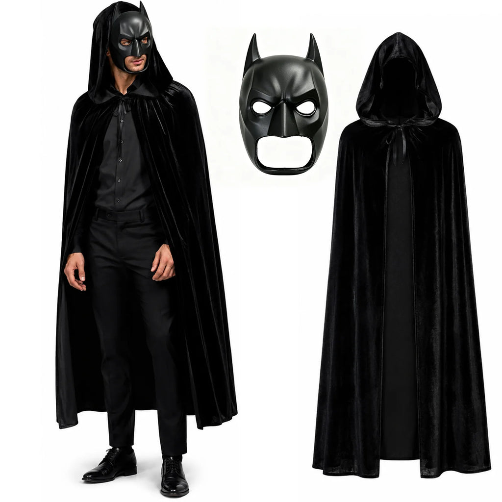 Batman-inspired adult costume with one black hooded vampire cape and one sculpted bat mask.