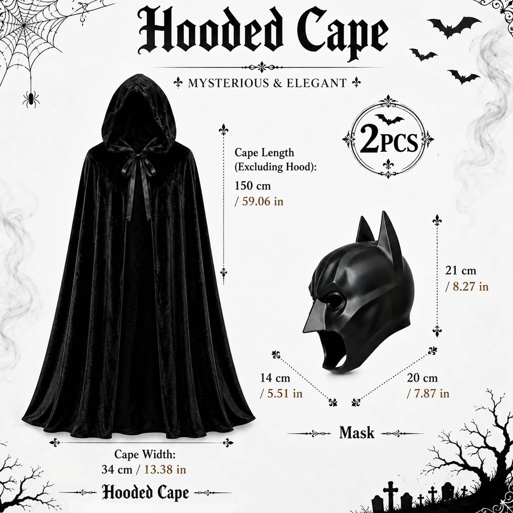 Adult black hooded vampire cape and bat mask shown with their verified measurements.