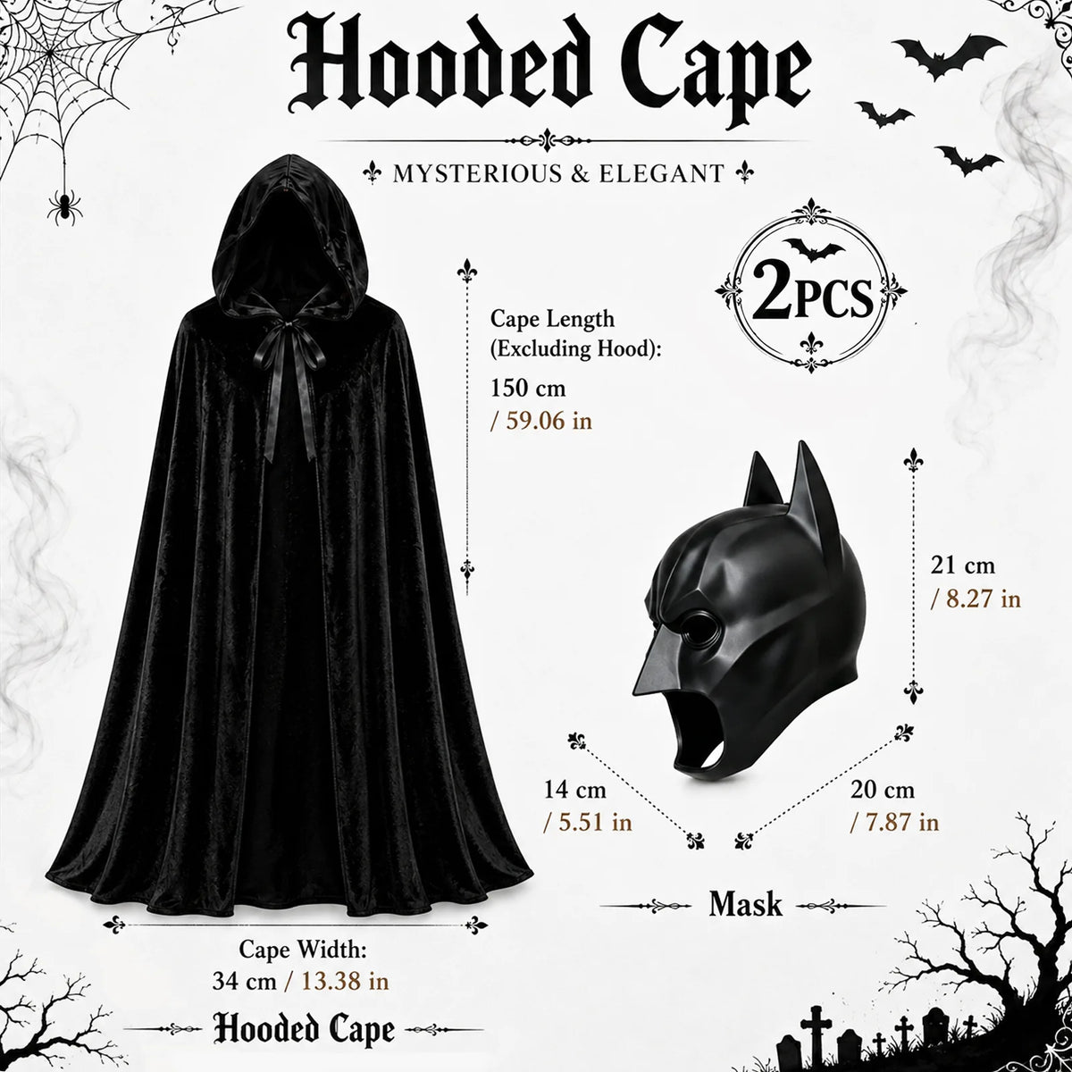 Adult black hooded vampire cape and bat mask shown with their verified measurements.