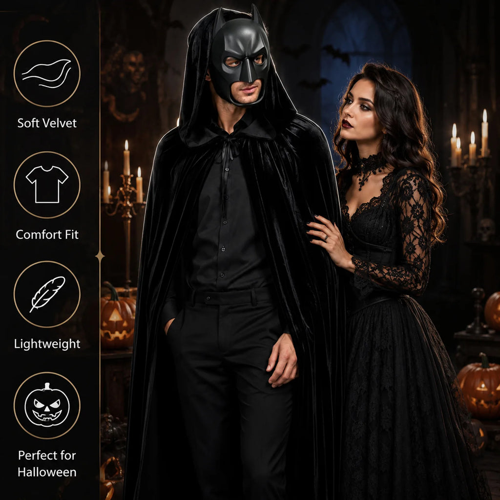 Close-up details of the adult black cape's velvet-look surface, deep hood, ribbon tie and finished hem.