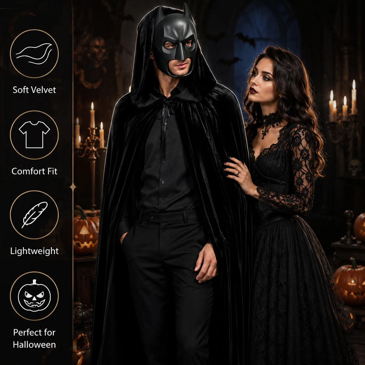 Close-up details of the adult black cape's velvet-look surface, deep hood, ribbon tie and finished hem.