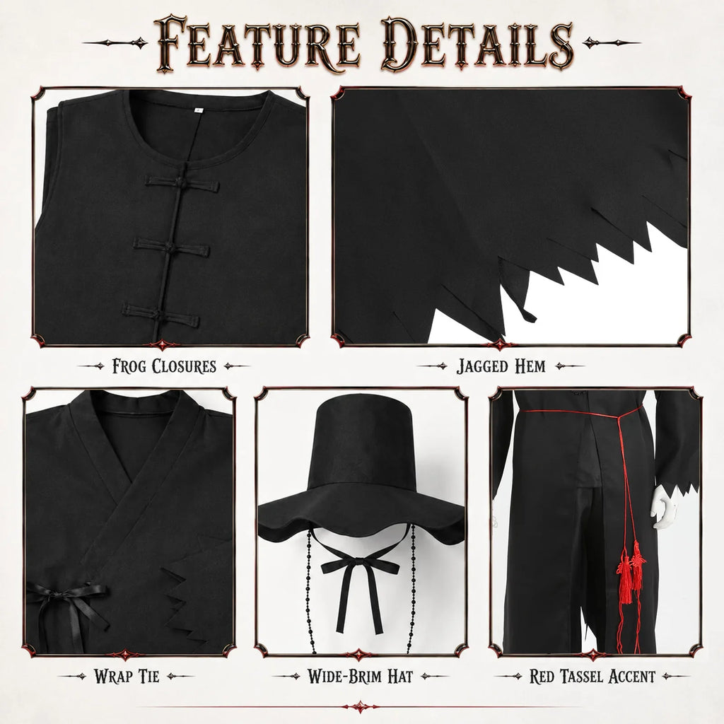 Adult black warrior costume robe, hat, red tassel belt and accessory details.