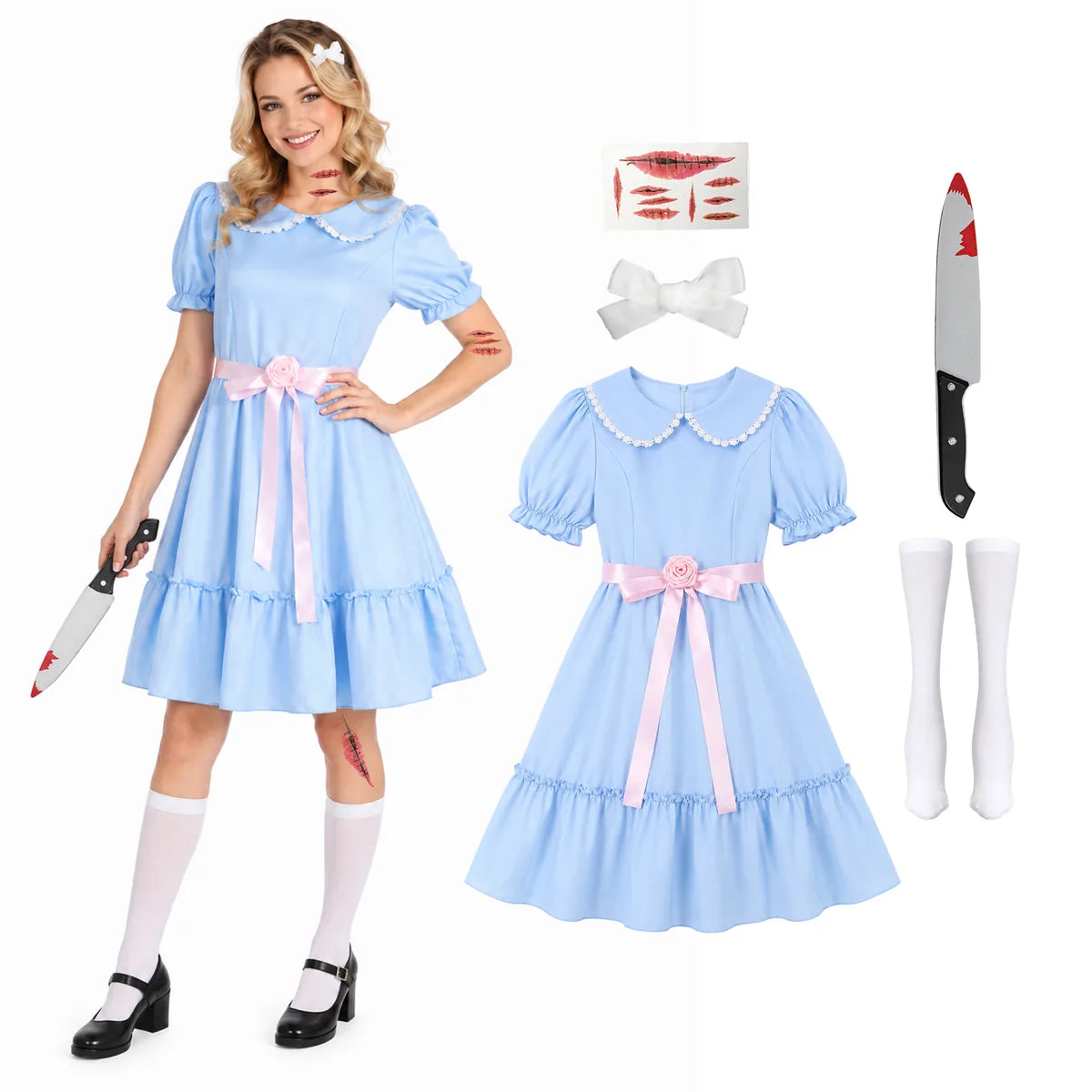 Blue creepy doll dress costume five-piece set